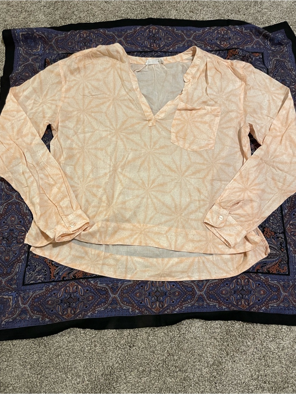 Women’s Peach Printed Long-Sleeve V-Neck Blouse
